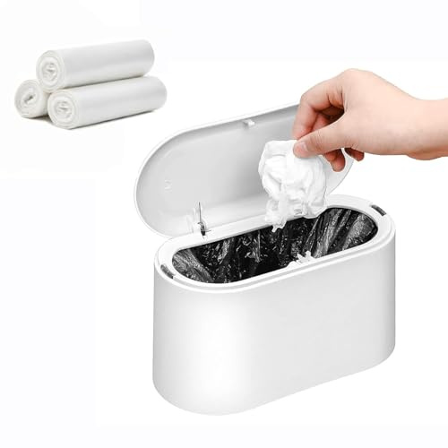 SUBEKYU Mini Trash Can with Lid,Small Desk Trash Can,Countertop Mini Garbage Cans,Tiny Waste Basket,White,with 3 roll Bags