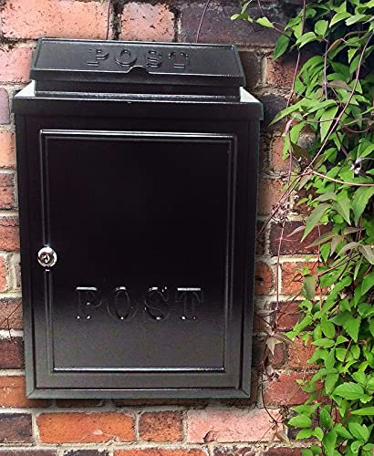 Vintage Decor by DWD® Weatherproof Post Box Plain Design Personalisable-Lockable Heavy Duty Secure Wall Mounted Letter Mail Post Box Post for Walls/Gates/Garages.Charming, (Black with Black Post Sign)