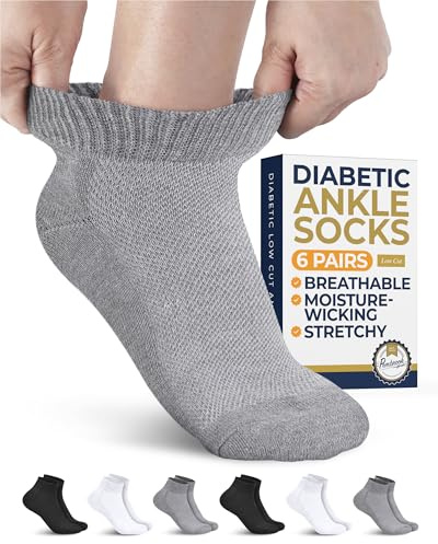 Pembrook Calzini per diabetici per uomini e donne, 6 paia di calzini per diabetici da donna, taglio basso, senza cuciture, calzini per diabetici, da uomo, 2 neri, 2 bianchi, 2 grigi, taglia M