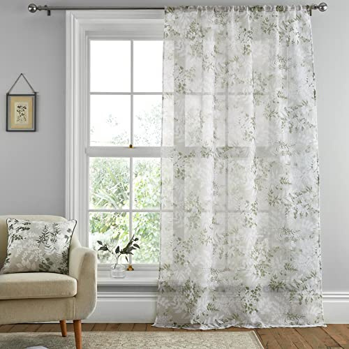 Dreams & Drapes - Single Net Curtain for Windows W55 x L48 (140 x 122cm) - Voile Curtain for Bedroom/Living Room - Floral & Leaf Voile Sheer Curtain - Tiverton Collection, Green