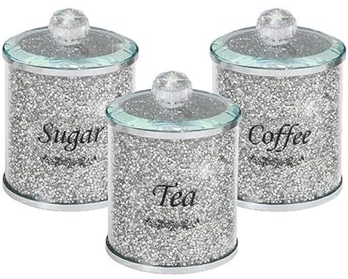 BMLIMITED BML Diamond Crushed Tea Coffee Sugar Canisters Jars Kitchen Sparkle Kitchenware Storage Silver Trimmings Crystal Modern Containers Filled Black Writing