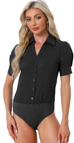 Allegra K Women's Bodysuit Button Down Work Shirt Collared Short Sleeve Tops Business Casual Body Suit Blouse Small Black