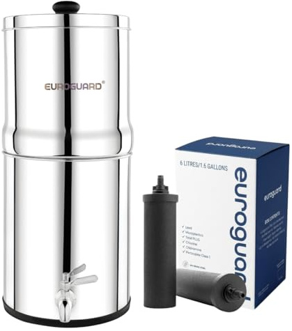 EuroGuard Gravity Water Filter System 8.5L, 304 Stainless Steel Drinking Water Purifier System with Two Carbon Water Filters | Premium Metal Tap | Best for Camping, Outdoors or Home