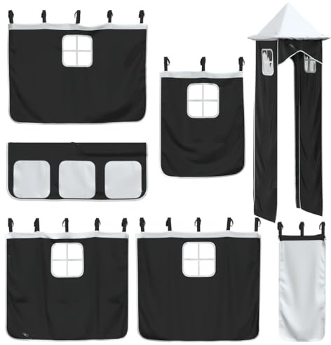 vidaXL Vorhänge, Vorhang Set für Hochbett Spielbett Kinderzimmer, Bettvorhang mit Turm, Spielvorhang Bettzubehör, Weiß Schwarz Polyester