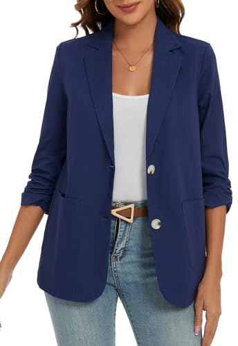 MINTLIMIT Women Casual Cotton Linen Ruched 3/4 Sleeve Loose Fit Blazers Fashion Blazer Jacket with Pockets (Navy, Size XL)