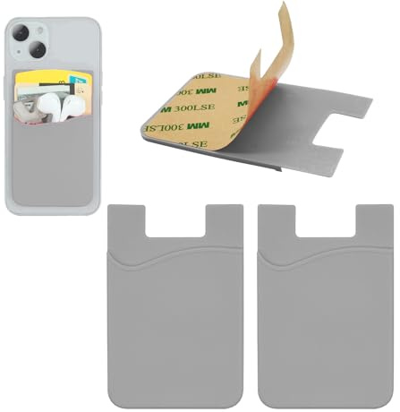 Vilbocr 2-pack självhäftande kreditkortshållare i silikon för mobiltelefon – självhäftande, bärbar kontantpärm, Grå, Phone Card Holder Stick on