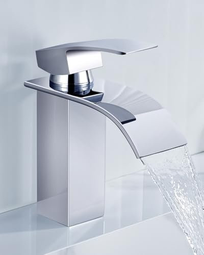 ANYCEE Grifo Lavabo Cascada con Caño Alto de 8,5cm, Grifo Baño Lavabo Corto Monomando, Grifo Cascada Cromado con Agua Caliente y Fría