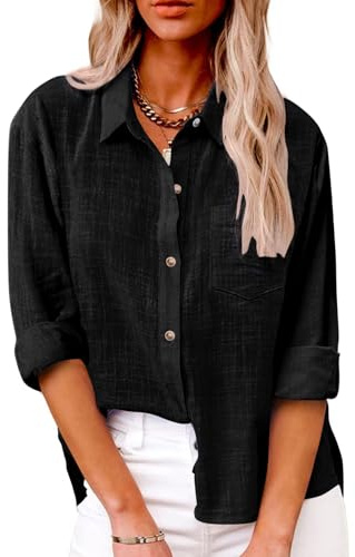 SHEKINI Women Casual Blouse V-Neck Shirt Button Down Linen Tshirt Tops | Long Sleeve,Dressy Blouses Office Work Blouse,Plus Size,V Neck,Roll-up Sleeve,Collared Loose Oversized Summer Tops