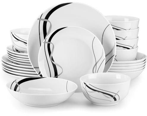 VEWEET, Série FIONA, Service de Table en Porcelaine Rond 24 Pièces pour 6 Personnes, Service de Vaisselle avec 6 Assiettes Plates, 6 Assiettes à Desserts, 6 Bols à Céréales et 6 Bols à Pâtes