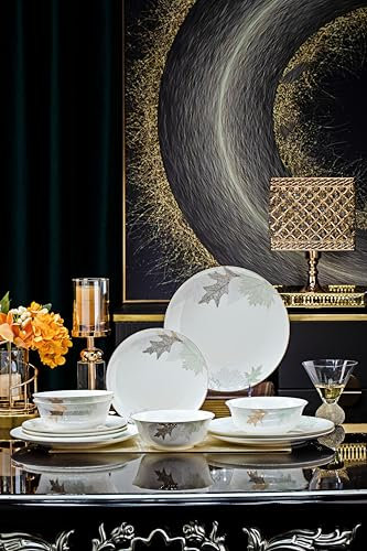 FHGNYSM Artistic Bone China Dinnerware Set with Gold Trim, Crafted with Traditional Chinese Artistry, Glazed Inner Patterns, Service for 4 – Maple Leaf Collection