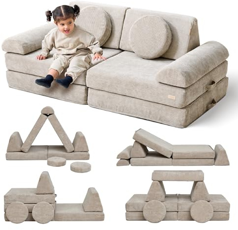 Tutti Bambini Playrama 10-Piece Modular Sofa - Stackable Baby & Toddler Play Couch with Machine-Washable Corduroy Covers, Convertible to Bed from 12+ Months (Mushroom)