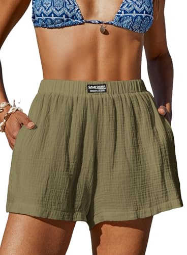 CUPSHE Vardagliga damshorts bomull hög midja strandöverdrag sommarshorts med fickor, gRÖN, L