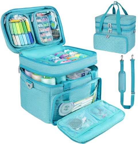 Jamiukro Trousse de Rangement pour Accessoires de Couture avec bandoulière, Sac de Rangement Double Couche avec 2 Pochettes Amovibles pour Accessoires et Fournitures de Couture, Bleu