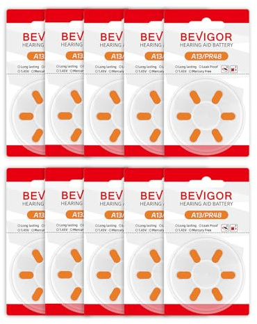 BEVIGOR Size 13 Batteries, 60 High Capacity Premium Batteries, Long-Lasting, Hearing Aid Batteries for Easy Portability, 10x6 Pack PR48 Orange