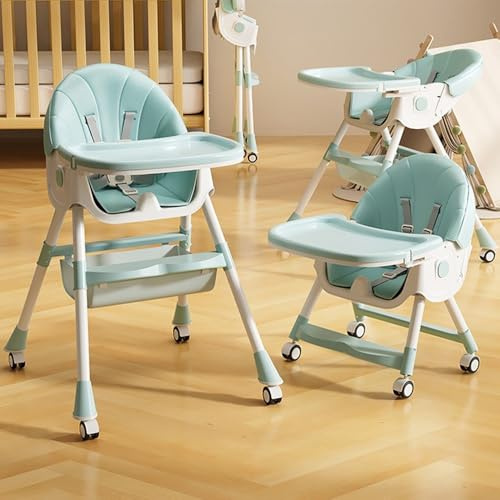 Chaise haute pour bébé enfant 6 en 1 réglable avec harnais 5 points,6 formes : chaise haute, chaise basse, chaise inclinable, cheval à bascule, chariot à bascule, pliant- vert