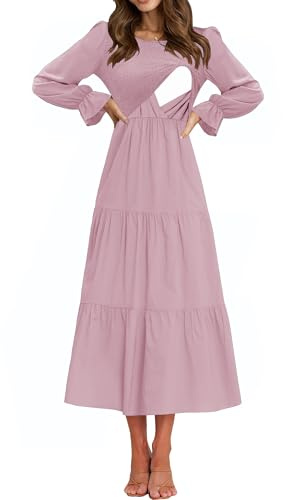 CzzzyL Womens Nursing Dress Round Neck Flounces Long Sleeve Elastic Waist Tiered Pregnant Ruffle Plus Size Flowy Breastfeeding with Pockets Pink,Medium