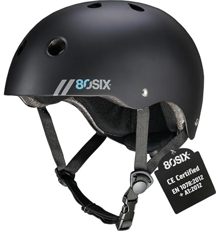 80SIX Hybrid Halo Skateboard & Bike Helmet for Kids, Youth & Adults, EPS Safety Adjustable Protection for Cycle, Motorbike, Scooter, Inline Skates, Roller Skates & BMX Multi-Sport, BLACK MATTE XS/S