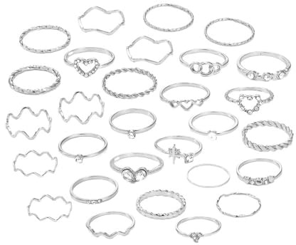 Belle Fang 28 Piece Ring Sets for Women, Dainty Simple Ring for Womens Girls, Stackable Rings Women Set, Mixed Sizes Finger Rings for Christmas Valentines Day Brithday Jewelry Gifts