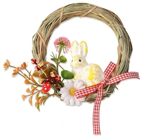 EAVUYIS Corona de Pascua para Puertas y Ventanas, 22,5 x15 cm Corona Decorativa con Detalles Primaverales - Decoración de Puerta en Diseño de Conejo de Pascua