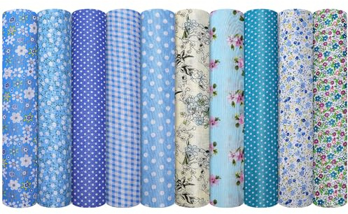 VIRETH HAUS Lot de 10 Tissus Coton Couture 50 x 50 cm, 100% Coton Pré-découpé, Carrés de Tissu Patchwork et Quilting, Motifs Assortis Imprimés, Doux pour DIY, Couture, Bricolage, Décoration (Bleu)