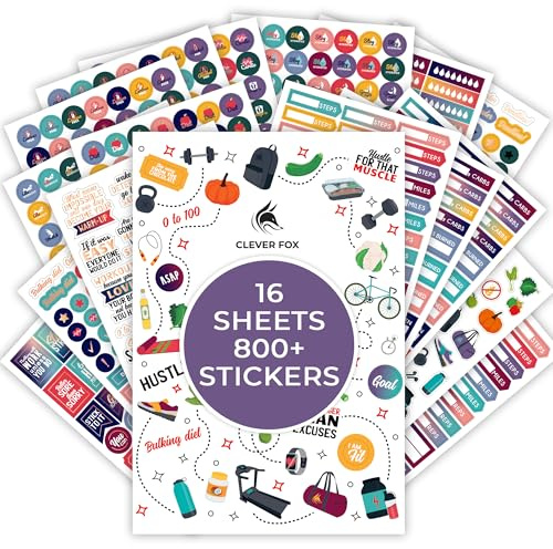Clever Fox Set di adesivi per pianificatore fitness, mensile, settimanale e giornaliero, 16 fogli, set di 840+ adesivi unici (fitness e nutrizione)