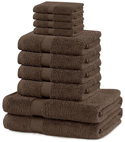 DecoKing 10er Set Baumwolle Qualität 525g/m² 4 Gästehandtücher 30x50 cm 4 Handtücher 50x100 cm und 2 Badetücher 70x140 cm braun nussbraun saugfähig Marina