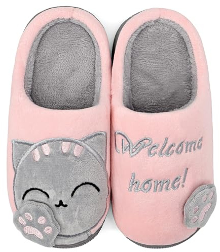 ChayChax Zapatillas de Estar por Casa Lindo Animados para Niños Mujer Hombre Invierno Pelusa Forro Pantuflas Interior Cómodo Caliente, Rosa Gris, 33/34 EU=Fabricante 34/35(240)