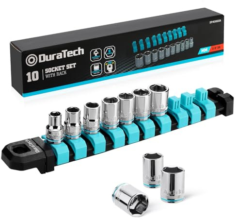DURATECH 3/8 Drive Socket Set, Metric Socket Set 10PCS, Mechanic Metric Socket Sets with Storage Rack, 6-Point Shallow Socket Set, 8mm, 10mm, 11mm, 12mm, 13mm, 14mm, 15mm, 16mm, 17mm, 19mm