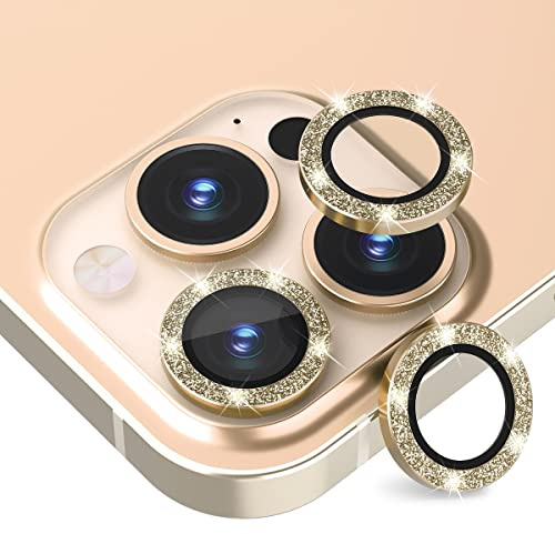 Suoman 3-Stück Kamera Linse Schutzfolie Kompatibel mit iPhone 13 Pro/Pro Max, Glas Aluminium Rand [Glitter Diamonds] Kamera Linse Displayschutz für iPhone 13 Pro/Pro Max Kameraschutz-Gold