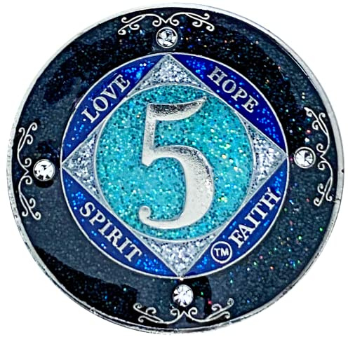 (Years 1-50) NA 5 Year Crystals and Glitter Medallion, Silver Color Plated Coin, Black Rainbow, Blue Glitter and Four Clear Crystals, Epoxy Covered