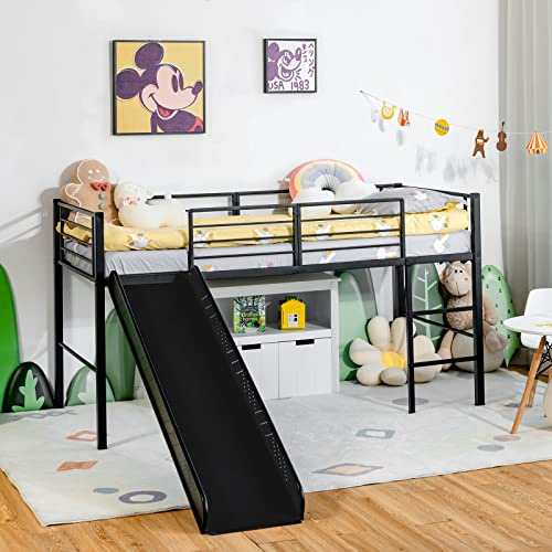 COSTWAY Kids Mid Sleeper Bed, Children Loft Beds with Slide, Stairs and Safety Guardrails, Metal Single Bunk Bed Frame for Boys Girls, 150kg Capacity (Black)
