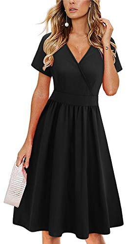 VOTEPRETTY Summer Dresses for Women UK Short Sleeve V Neck Wrap Casual Floral Sundress with Pockets(Black,L)