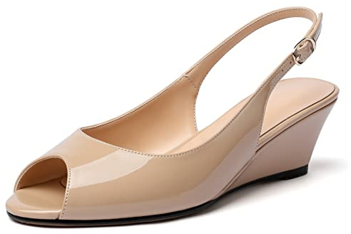 Elashe Women Slingback Pumps 2 '' Peep Toe Wedge Heels Elegant Mid Heels Court Shoes Beige EU39