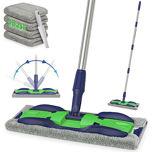 MEXERRIS Microfiber Mops for Hardwood, Laminate, Tile Floor Cleaning, Stainless Steel Handle - 4 Reusable Flat Mop Refills and 1 Dirt Removal Scrubber Included - Dry Dust Mop Commercial Home Use