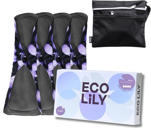 Eco Lily Reusable Sanitary Pads, 4 Pack Extra Heavy Flow, Bamboo | Reusable Sanitary Pads With Absorbent Charcoal Bamboo For Extra Heavy Flow Protection. Includes 4 Pads For Reusable Wear
