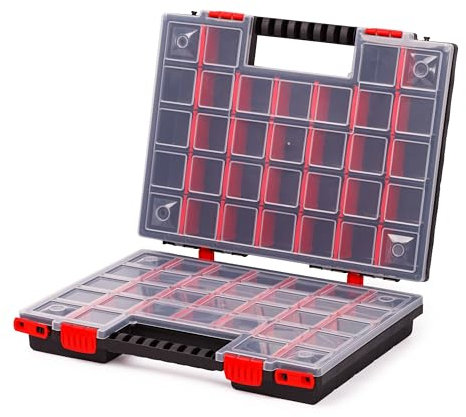 Mivos Doppelseitig Sortimentskasten 399 x 303 x 100 mm - 2 Seitig Sortierkasten mit 64 Verstellbare Fächer - Schraubenbox - Zubehörbox - Stabiler Werkzeugbox für Werkstatt - Made in EU