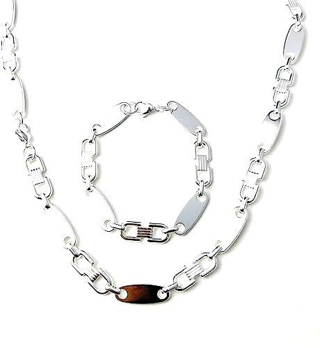 ayados Plattenkette Set Edelstahl 60cm 4mm bis 10,5mm Cuban Halskette + Armband Platten Kette (4mm x 60cm, Versilbert)