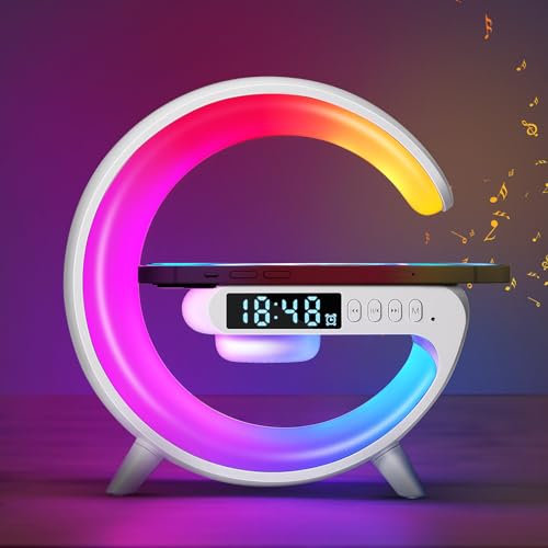 SUNJULY Lámpara de Noche con Cargador Inalámbrico, 2025 Nueva Lámpara de Escritorio LED Inteligente, Altavoz Bluetooth, Mini Luz Nocturna, Despertador Musical, Regalo, Control de Botones (Blanco)