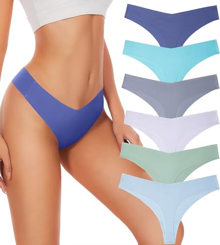 Hellopopgo Seamless Thongs For Women V-waisted No Show Thong Seamless Panties Breathable Comfortable Underwear Womens 6-Pack,Medium