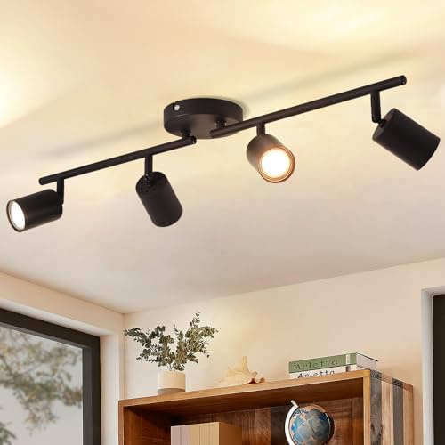 ANWIO Foco Giratorio Ajustable de Metal Negro con 4 Bases GU10 - Diseño Moderno para Lámpara de Techo en Dormitorios, Pasillos y Salones(Sin Bombillas).