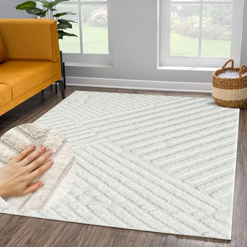 payé Teppich Wohnzimmer Hochflor - 140x200cm - Einfarbig - Pastell Creme - Boho - Modern Streifen Muster- Skandinavisch Flauschig Weich - Schlafzimmer