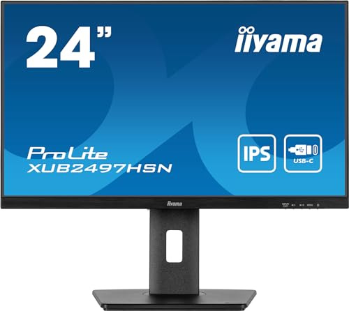 iiyama XUB2497HSN-B2 24 inch IPS USB-C Dock Display 65W Charging, 4ms, Full HD 1920x1080, RJ45/HDMI/DP, 1 x DP-OUT(MST), 4 x USB Hub, Height Adjustable Stand, TUV-GS, 5 Yr Warranty