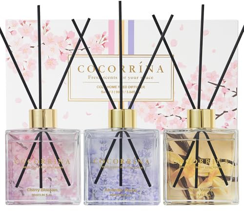 Cocorrína Profumatore per Ambienti, 3 Pack/ 90ml Fiori di Ciliegio/Vaniglia Calda/Timo alla Lavanda Diffusore Profumo Ambiente con 24 Bastoncini, per Bagno, Appartamento, Decorazione Della Casa