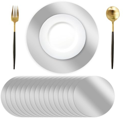 Tarklanda 50 Pcs Round Sliver Placemats, 13.3 Mirror Foil Mother's Day Decorative Dining Table Place Mats Mirrored Disposable Paper Placemat for Wedding Birthday Party Table Setting Decor