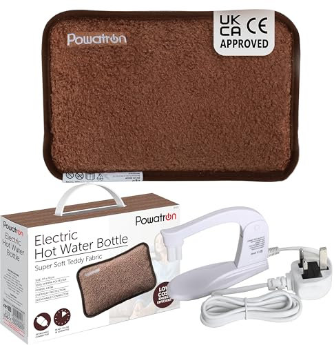 Powatron Electric Hot Water Bottle Rechargeable - 27 x 20 CM Electric Heat Pad with Overheat Protection, Soft Sherpa Cover, 430W Power & Detachable Connector | Perfect for Home & Office (Brown)