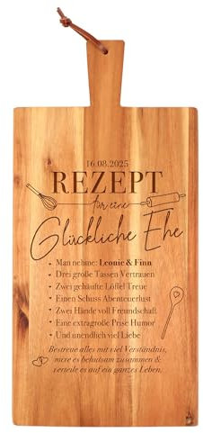 Großes Schneidebrett mit Griff und Lederband, Rezept glückliche Ehe, Personalisiertes Küchenbrett mit Gravur, Servierbrett mit Gravur, Holz Schneidebretter, Grillbrett, Brotzeitbrett