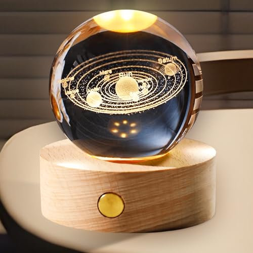 Sfera di cristallo 3D, luce notturna con base in legno, USB 3D, sistema solare, 60 mm, LED vetro, regalo per donne, bambini, amici, famiglia