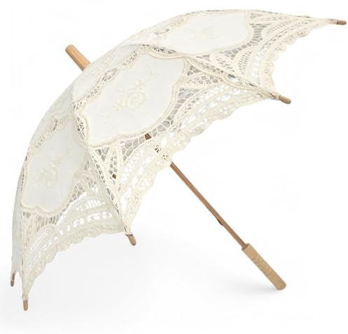 UMBRELLOX Cream White Lace Hand Sewn Parasol With Wood Handle