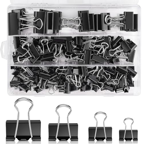 Mexgcom 170 Pezzi Fermafogli a Clip - 15 mm/19 mm/25 mm/32 mm Binder Clips Nero - Metallo Foldback Clips per Ufficio - Mollette Fermafogli per Scuola, Ufficio e Famiglia (Nero)