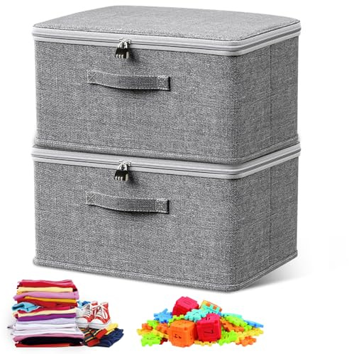 Zamety Abschließbare Box, 2 Verschließbare Box Stoff, Grau Kiste mit Schloss, Faltbare Aufbewahrungsbox mit Zahlenschloss für Bettwäsche,Kleidung,Spielsachen,Medikamenten (30x20x14cm)
